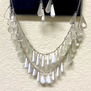 White/clear and silver necklace and earring set